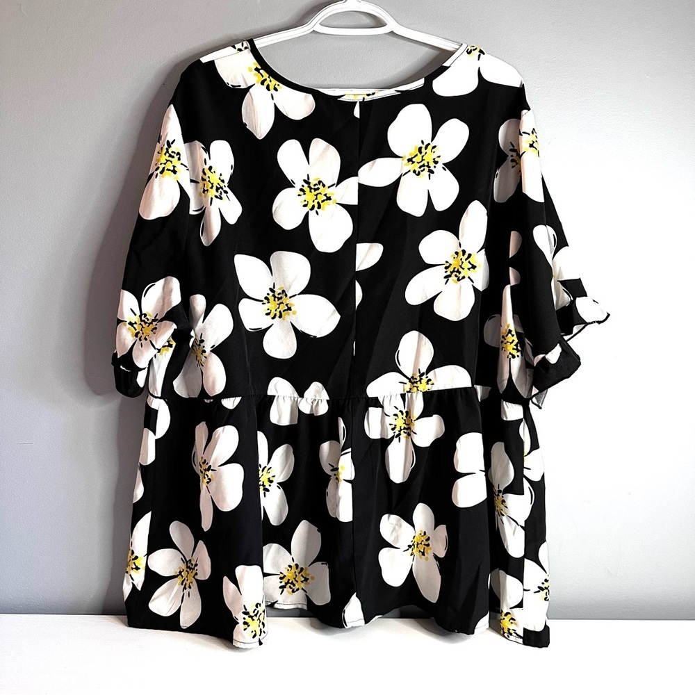 SHEIN Blouse 4XL Black, White, Yellow, Floral, Frill Sleeves, Frill Detail - Picture 5 of 8